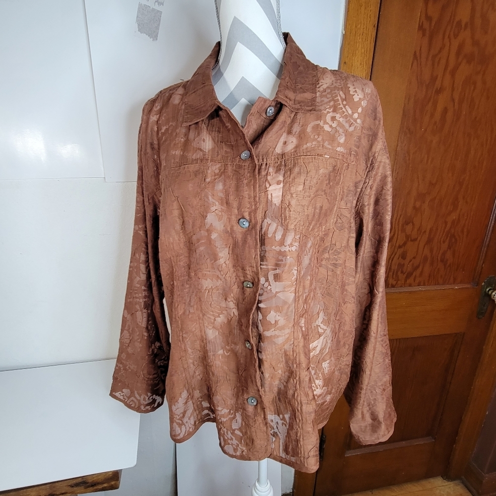 Womans Chicos Sheer Patterned Blouse Copper/Brown Size 3